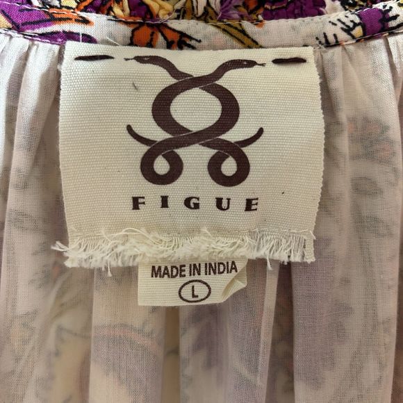 Figue Halima Sz L 100% Cotton Floral Smocked Neckline Tiered Lined Boho Dress - Picture 4 of 16